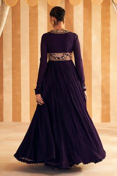 Purple anarkali with applique embroidered floral motifs embellished by sequins and beads. Comes with a dupatta. - Aza Fashions Purple Anarkali Dress, Anarkali Georgette, Purple Anarkali, Simple Necklace Designs, Ridhi Mehra, Long Anarkali, Detailed Embroidery, Embroidered Crop Tops, Beautiful Pakistani Dresses