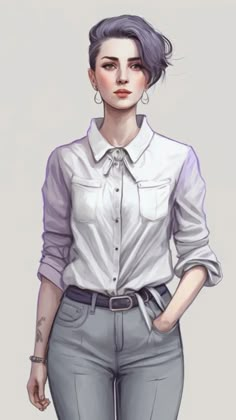 a drawing of a woman in grey pants and white shirt with her hands on her hips