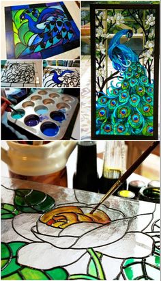 the process of making stained glass peacocks with acrylic paint and watercolor pencils