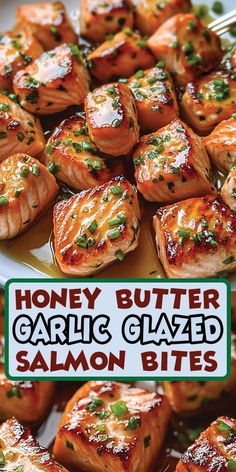 grilled salmon on a white plate with a sign that says honey butter garlic glazed salmon bites