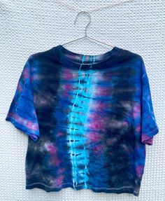 "Ice Dye Tee, Ready to Ship, Limited Edition, Womens Boxy Crop Top, (M & L), Tie Dye Tee, Purple Tee, 100% Cotton, Relaxed Fit, Boxy Tee, Round Neck Top Short Sleeve, Ice Dye Crop Top, Women's Shirts, Women's Clothing, Women's Apparel, Festival Wear Description: **Limited Edition - once they're gone, they're gone** The vibe of this tee is moody, edgy, electric, and magical. The stormy sky colors and \"lightning bolt\" design were inspired by Metallica's album art for \"Ride the Lightning\". The Blitz Design, Tie Dye Patterns Diy, Boxy Crop Top, Purple Tee, Boxy Tee, Cropped Tops, Ice Dyeing, Tie And Dye, Round Neck Tops