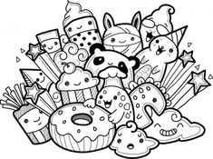 black and white cartoon illustration of cupcakes, donuts and other items for birthday party