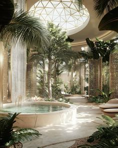 an indoor pool surrounded by palm trees and other greenery in the middle of a room