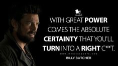 a man with a beard and black shirt in front of a quote that says, with great power comes the absolute certainity that you'll turn into a right c