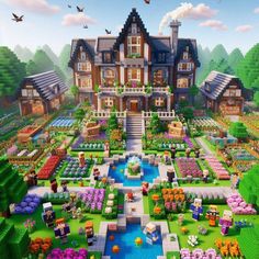 an image of a large house in the middle of a garden area with lots of flowers