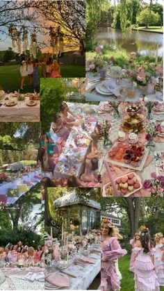 a collage of photos with people eating and drinking at picnics in the park