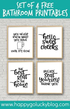 four bathroom printables on a brick wall with the text, set of 4 free bathroom