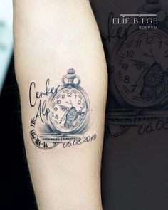 a tattoo on the arm of a person with a pocket watch in it's hand