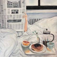 a painting of pancakes and coffee on a tray with a window in the back ground