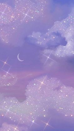 the sky is filled with stars and moon in purple tones, as well as white clouds