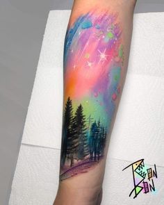 I love the idea of using the sky with the colours and the stars for the saying "When it rains look for rainbows, when it's dark look got stars" Pastel Watercolor Tattoo, Watercolor Arm Sleeve Tattoo, Watercolor Sky Tattoo, Color Only Tattoo, Sunrise Tattoo Color, Sky Tattoos For Women, Watercolor Sleeve Tattoo, Clouds And Stars Tattoo