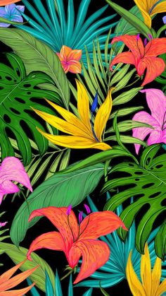 tropical flowers and leaves on a black background