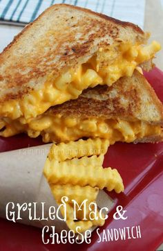 grilled mac and cheese sandwich on red plate with text overlay that reads grilled mac and cheese sandwich