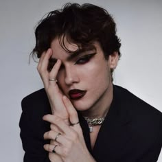 Men With Black Lipstick, Men In Lipstick, Vampire Makeup Looks For Men, Men Wearing Makeup Aesthetic, Dark Male Makeup, Men In Makeup Aesthetic, Vampire Men’s Makeup, 80s Punk Makeup Men, Traditional Goth Makeup Men