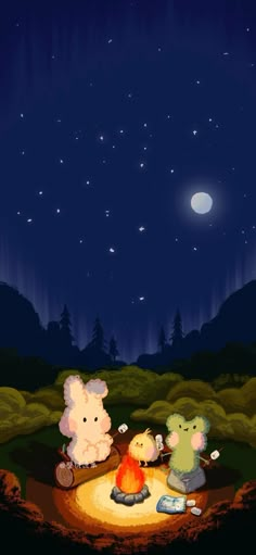 two teddy bears sitting around a campfire at night