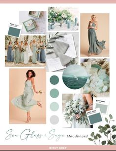 the color scheme for this wedding is aqua and gray, with white flowers in vases