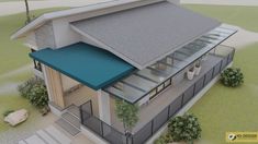 an architectural rendering of a modern house with green awnings