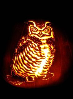 an owl carved into the shape of a pumpkin with flames in it's eyes