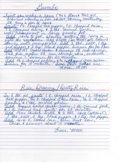 two handwritten notes on lined paper with red and blue ink