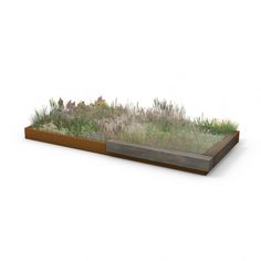 an elevated garden bed with grass and flowers on the top, in front of a white background