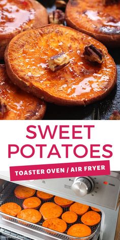 Closeup of roasted sweet potato rounds with chopped pecans and sweet potato slices in an air fry basket cooking in a toaster oven. Sweet Potato Toaster Oven, Roasted Sweet Potatoes Air Fryer, Sweet Potatoes Air Fryer, Sweet Potatoes In Air Fryer, Potatoes In Air Fryer, Potatoes Air Fryer, Baked Sweet Potato Slices, Potatoes Crispy, Toaster Oven Recipes