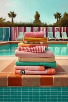 towels stacked on top of each other in front of a swimming pool