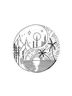 a black and white drawing of the sun, palm trees, and mountains in a circle