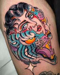 a close up of a person's leg with a tattoo on it and an image of a woman