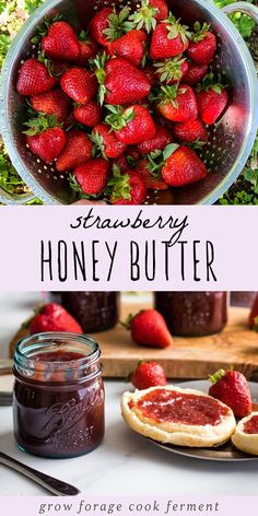 strawberry honey butter in a bowl with fresh strawberries on the side, and another image of