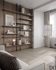 a living room filled with furniture and a book shelf next to a wall mounted tv