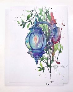 a watercolor painting of a blue lantern and flowers