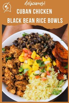 a white bowl filled with black bean rice and chicken