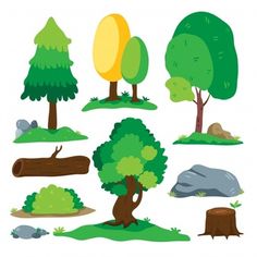 various types of trees and rocks on a white background