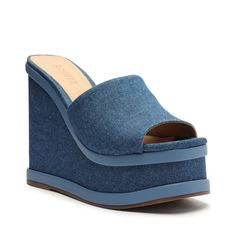 Brand New Fun Summer Wedges By Schutz Blue Wedge Heel Vacation Heels, Luxury Blue Platform Wedge Sandals, Beach-eva Wedge Sandals, Cheap Blue Slip-on Wedge Sandals, Blue Slip-on Wedge Sandals, Block Heel Platform Sandals, Pink Wedges, Denim Sandals, Summer Wedges