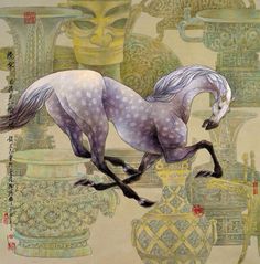 a painting of a horse running in front of vases