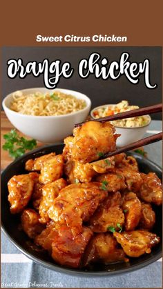 orange chicken with chopsticks in a bowl