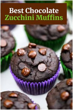 chocolate zucchini muffins with text overlay that reads best chocolate zucchini muffins