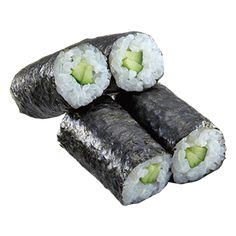 three sushi rolls with cucumber on top