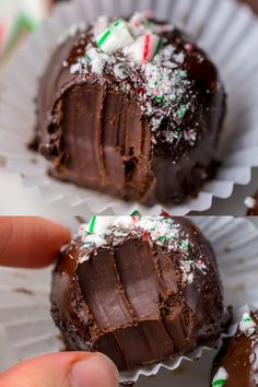 two pictures of chocolate covered donuts with sprinkles and candy canes