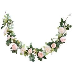 a white and pink flower garland with green leaves