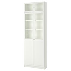 a white bookcase with glass doors on the front and bottom shelves, against a white background