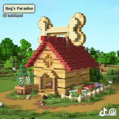 a dog house made out of legos in the middle of a field with flowers and trees