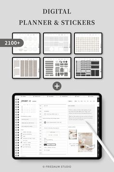 the digital planner and stickers are displayed on top of a computer screen, with text overlaying it