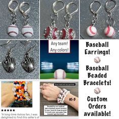 ❤️BASEBALL THEMED JEWELRY: Baseball beaded Bracelets & Earrings are made with love and care at the ByDarling Shop.  Jewelry items are meant to be one a kind gems.  Bracelets have a beautiful silver bead at the end for closure with a sailors knot.  Silver beads can be kept clean with a silver cloth to add shine.  Each item is shipped in a resealable baggy for protection and storage.  Cheer on your favorite baseball team with some spirited jewelry.  ByDarling Shop offers generic baseball ⚾️ jewelry as well as custom team orders.  Let's create your own bracelet collection for your fav team today!!  Bracelets measure between 6.5-7.25".  Charm bracelets, accent bracelets, and earrings are numbered for your selection.   📌BRACELETS: ⚾️ #1 - White ONLY Bracelet = * length approx 7" * 6mm and 8mm How To Make Baseball Bracelets, Astros Bracelet, Baseball Bracelets, Houston Astros Bracelet, Baseball Bead Bracelet, Baseball Jewelry, Team Bracelets, Sailor Knots, Baseball Glove