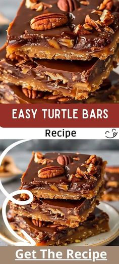 Easy Turtle Bars Recipe Pecan Turtle Bars, Turtle Bars Recipe, Chewy Bars, Turtle Bars, Gooey Caramel, Bars Recipe, Decadent Chocolate, Pecans, Nuts