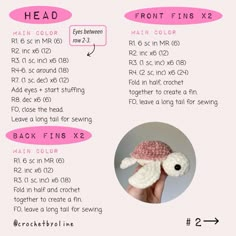 the instructions for crocheted baby turtle hats are shown in pink, white and black