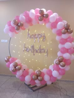 a pink and gold balloon arch with happy birthday written in the center surrounded by balloons