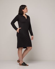 This dress has an open collar placket, full length sleeves, and slightly oversized polo collar. Sizing Tip: The Bristol Polo Dress has a straight cut fit throughout the body. Fits true to size. Capsule Wardrobe Dresses, Merino Wool Dress, Oversized Polo, Midi Maxi Dress, Wool Dress, Fit N Flare Dress, Polo Dress, Cardigan Tops, Polo Collar