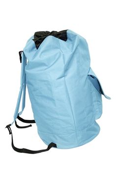 a light blue bag with black straps on the front and back ends, sitting upright