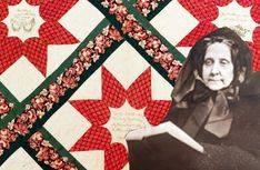 an old photo of a woman holding a book in front of a quilted wall